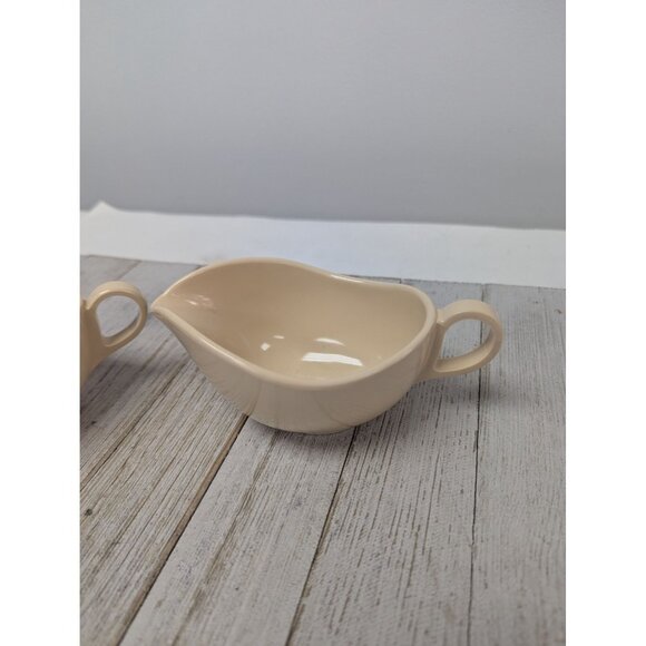 Vintage Set Melamine Melmac Creamer & Sugar Bowl w/ Lid Almond Tan - Picture 3 of 7